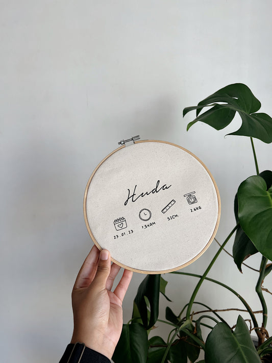 Birth Details on Embroidery Hoop